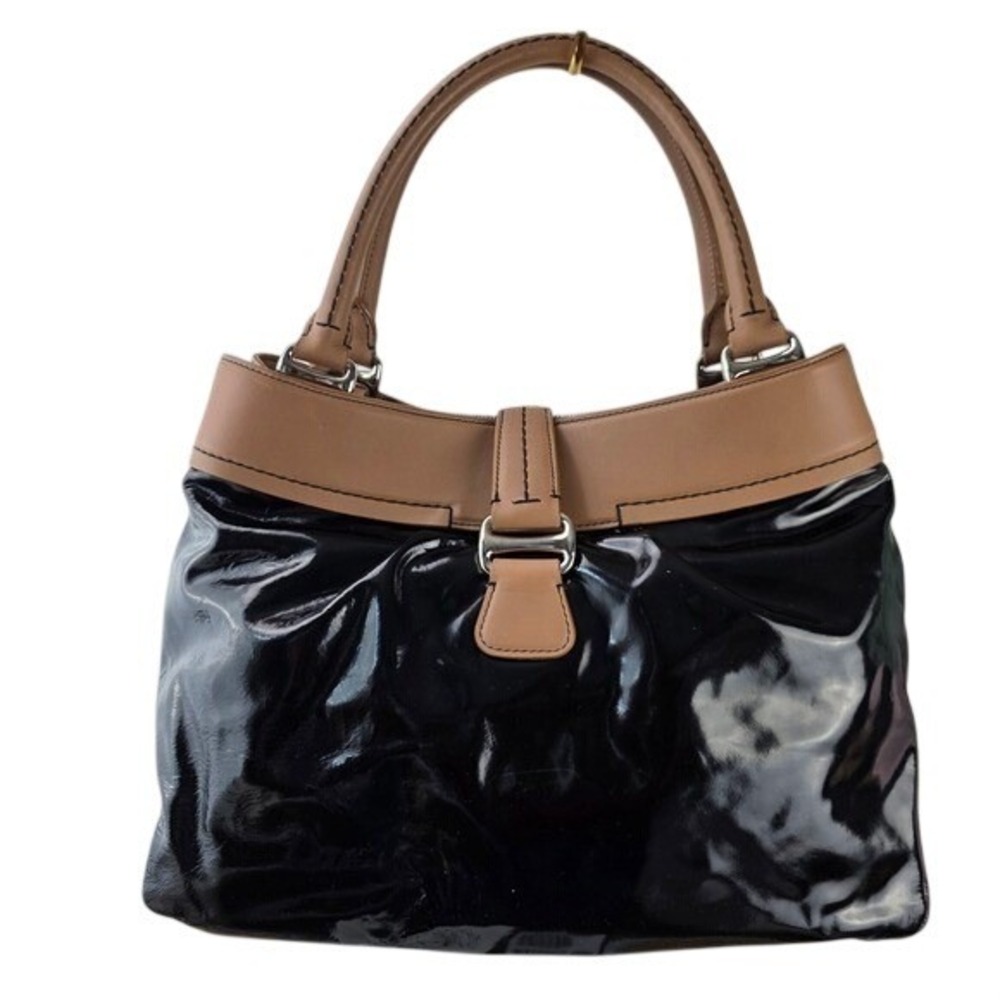 Bally Switzerland Mairie Patent Leather Hobo Satchel Bag Purse Key Black Tan - Picture 2 of 16